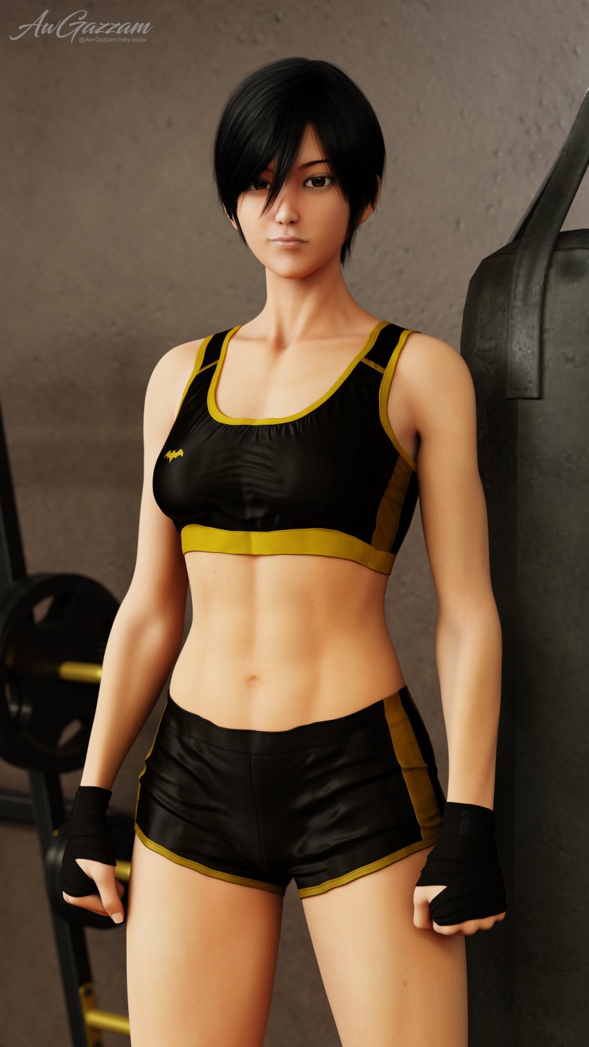 3d asian athletic athletic_female aw-gazzam batgirl batgirl_(cassandra_cain) batman_(series) black_hair blender blender_(software) boxing_gloves brown_eyes buff cassandra_cain clothed dc dc_comics muscular sports_bra sports_shorts sportswear