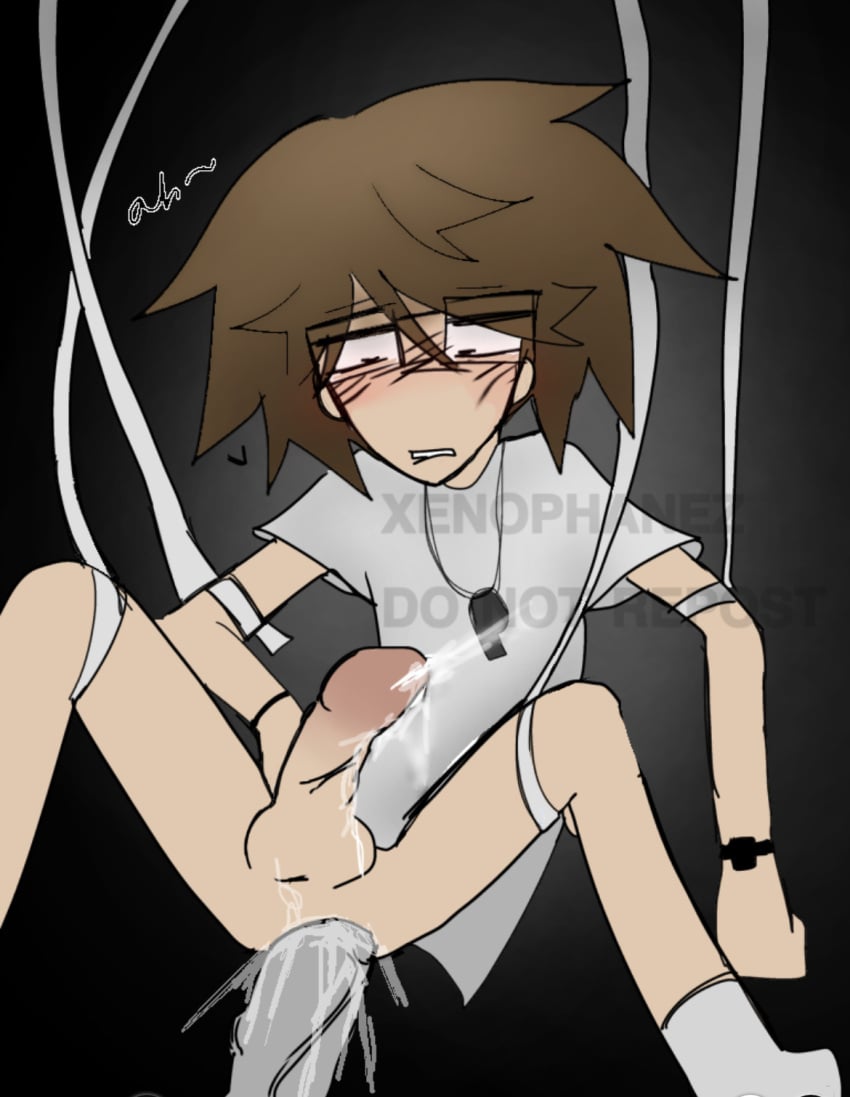 adult blush brown_hair cum_in_ass cum_in_pussy digital_drawing_(artwork) fluffy_hair glasses grey_penis hanging kielaaan_(artist) looking_down male/male male_only moaning_in_pleasure original_character partially_clothed penis_out restrained ribbon_bondage ribbons slim_male slim_waist socks squirting_cum whistle_around_neck xenophanez_(artist)