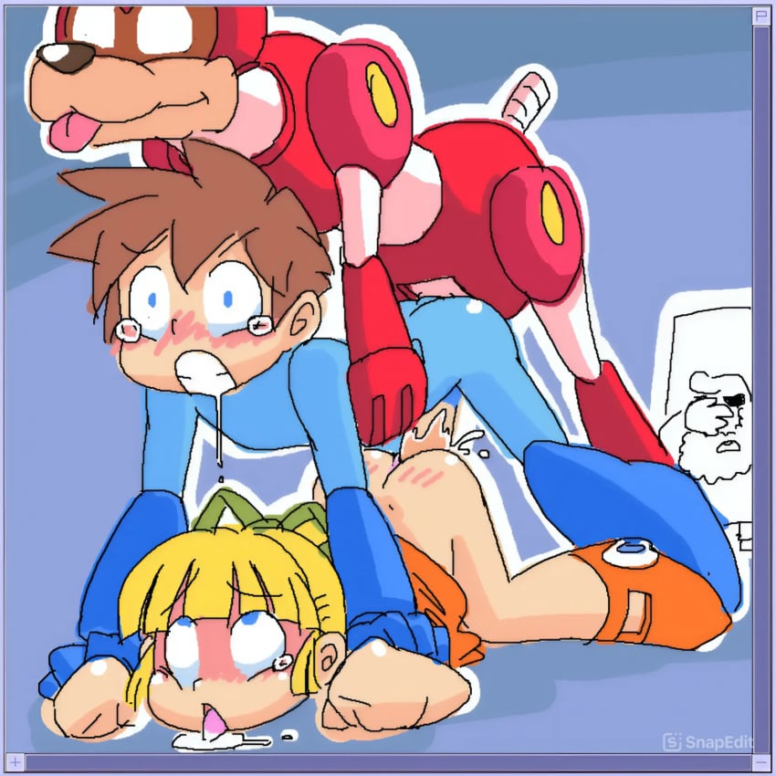 1boy 1girls ahe_gao ass blush canine dick doggy_style drooling female male mega_man mega_man_(character) minus8 open_mouth penetration penis roll rush_(mega_man) sex tears_of_pain tears_of_pleasure tongue_out