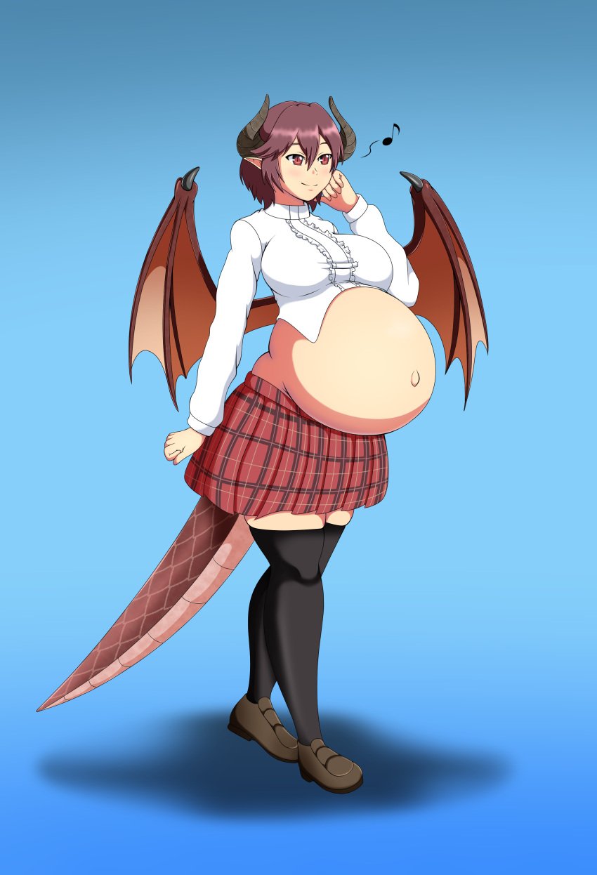 1girls belly belly_expansion big_belly big_breasts bloated_belly blue_background blush breast_expansion breasts clothed clothing dragon_girl dragon_horns dragon_tail dragon_wings female female_focus granblue_fantasy grea_(shingeki_no_bahamut) horns huge_breasts pointy_ears pregnancy_expansion pregnant pregnant_female red_eyes red_hair round_belly shingeki_no_bahamut shirt shoes short_hair simple_background skirt slit_pupils smile standing tail thighhighs thighs timaeus wings