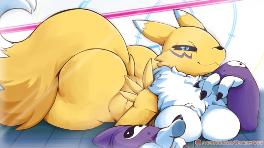 2021 against_surface anthro ass bandai_namco big_butt brachyzoid breasts detailed_background digimon digimon_(species) female flirting_with_viewer fur gesture looking_at_viewer lying nude on_front on_glass pointing pointing_at_viewer renamon smug smug_face solo yellow_body yellow_fur