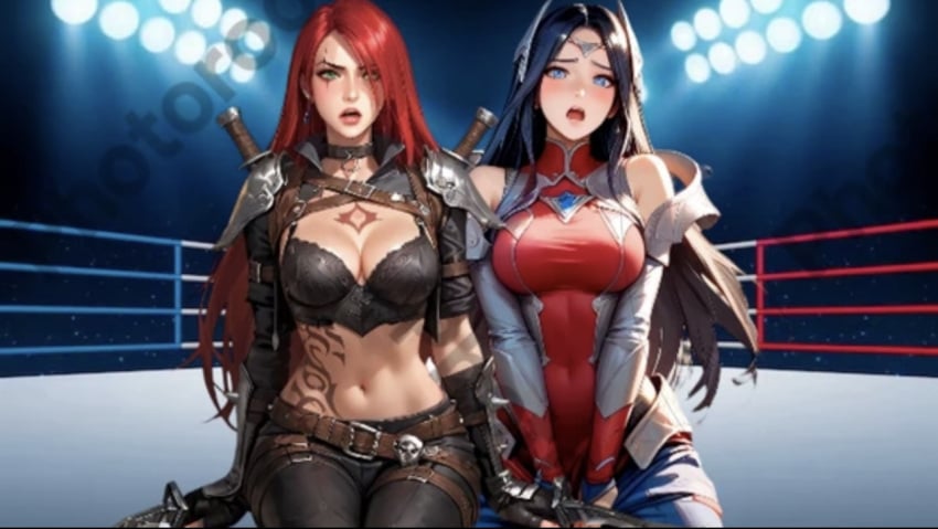 2girls ai_generated ass black_hair blue_hair catfight farting_in_face irelia_xan katarina_du_couteau league_of_legends red_hair wrestling