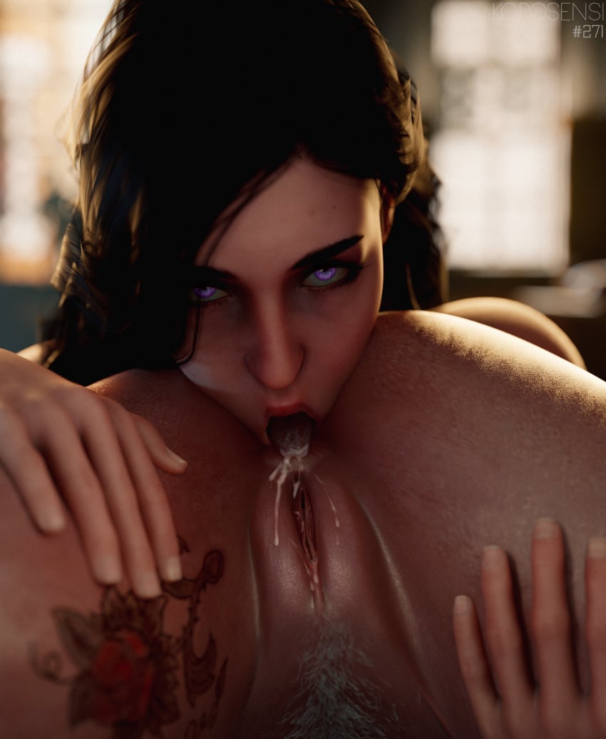 2girls anilingus anus ass ass_up black_hair cd_projekt_red ciri eating_ass female korosensi licking_ass light-skinned_female looking_at_viewer nude pubic_hair purple_eyes pussy tattoo the_witcher_(series) the_witcher_3:_wild_hunt tongue_out yennefer yuri