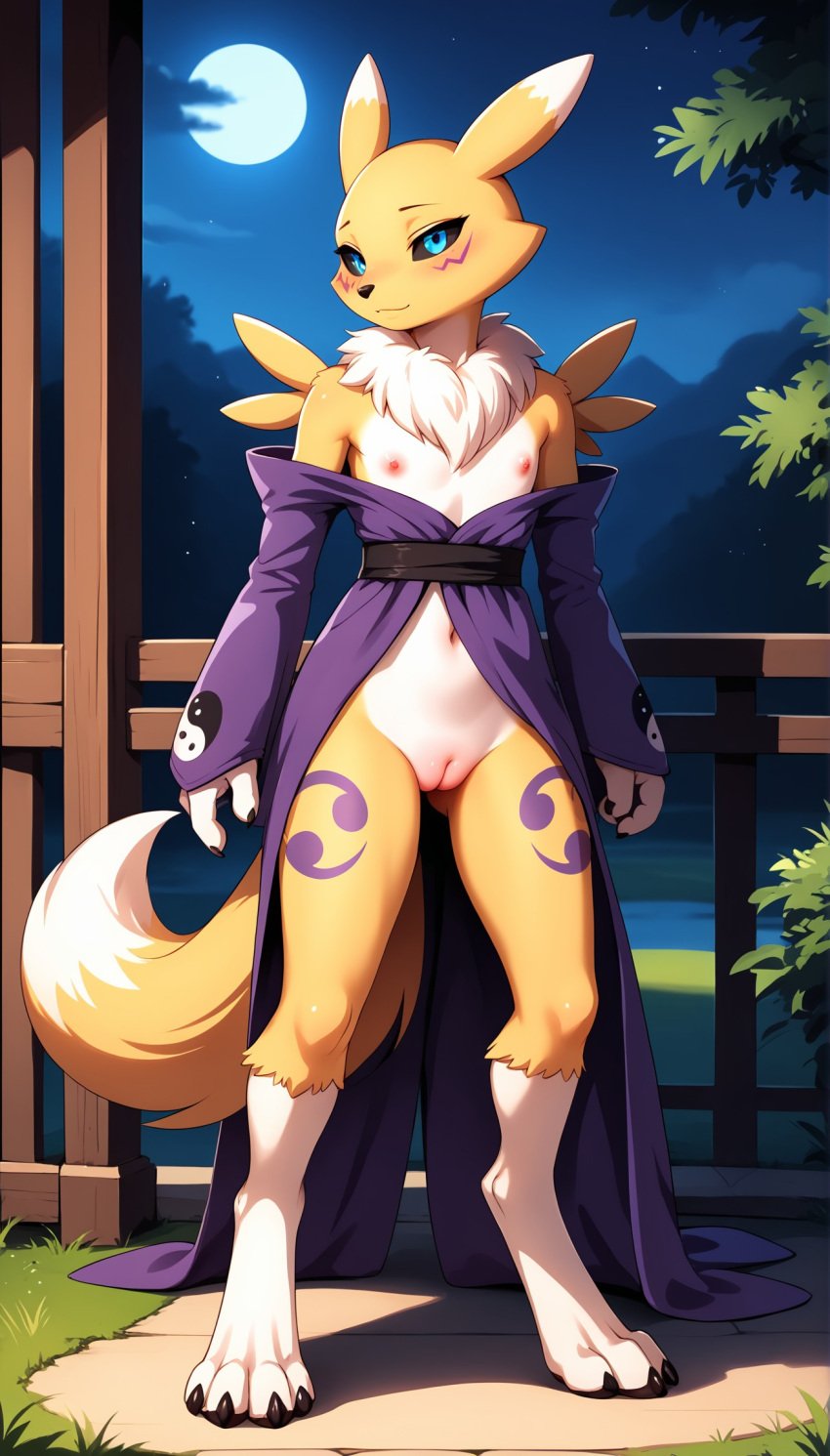 1girls 2025 ai_generated anthro black_sclera blue_eyes digitigrade female female_only flat_chest hi_res innie_pussy japanese_clothes kimono looking_at_viewer moon night nipples off_shoulder outdoors pink_nipples plump_labia pussy renamon smile white_fur yellow_fur