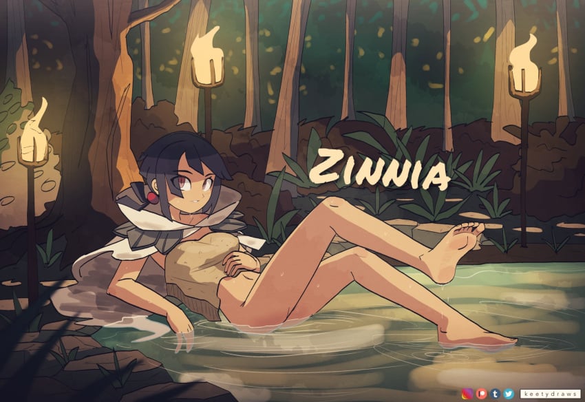 1girls bangs barefoot bathing black_hair bob_cut brown_eyes cape convenient_censoring covering_breasts feet female forest game_freak hair_ornament keetydraws looking_at_viewer nintendo pokemon pokemon_oras slight_smile soles solo toes towel water wet zinnia_(pokemon)