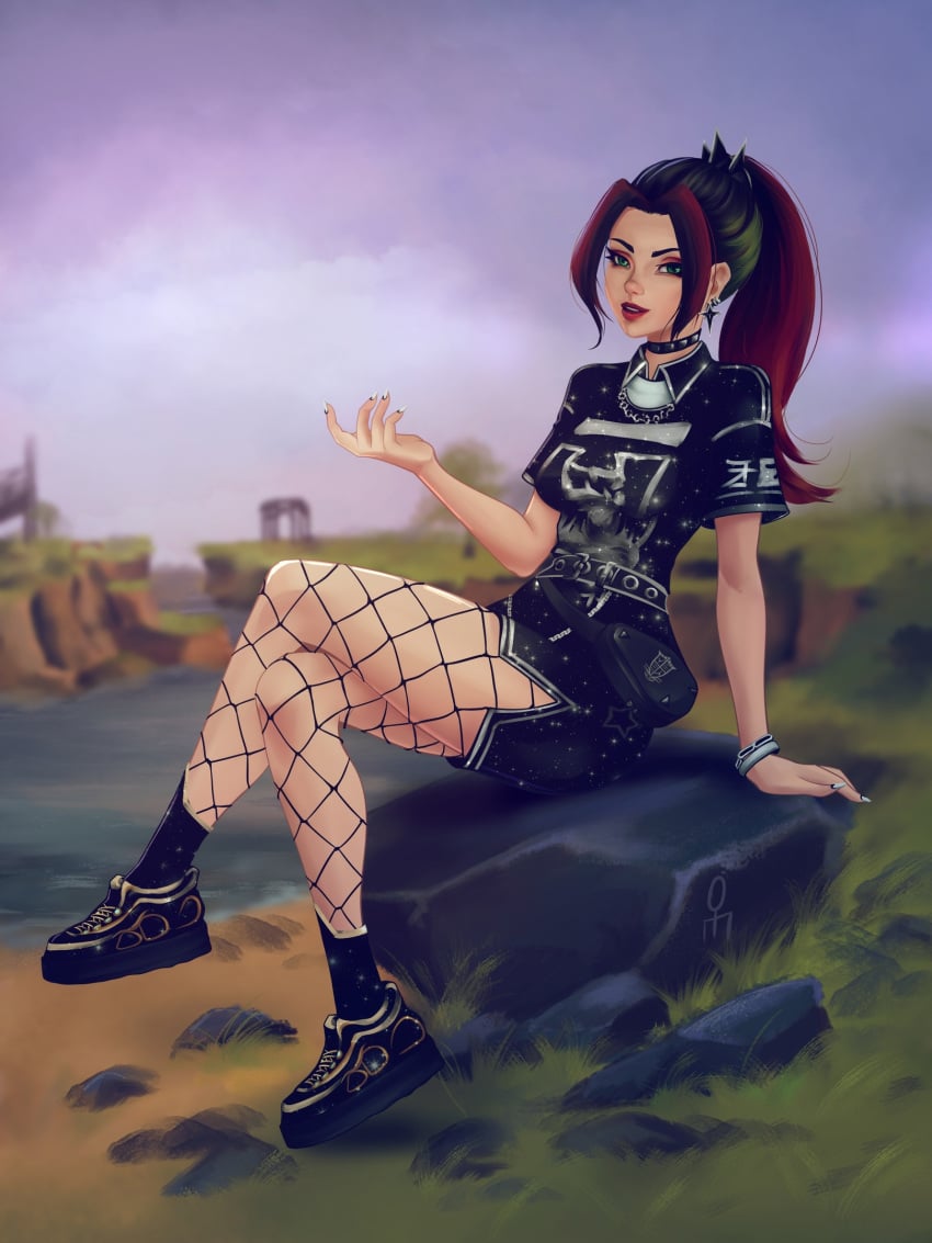 1girls brown_hair choker clothing fishnets fortnite helsie_(fortnite) ponytail sitting skirt solo