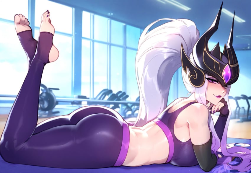 1female 1girl 1girls ai_generated anemoi ass elbow_gloves feet feet_up gym gym_bottomwear gym_clothes gym_clothing gym_uniform headgear headwear laying_down laying_on_stomach league_of_legends leggings long_hair looking_at_viewer nail_polish riot_games seductive seductive_look side_view sideboob soles solo solo_female solo_focus sports_bra sportswear stirrup_leggings stirrup_legwear syndra toenail_polish toes white_hair workout_clothes workout_clothing yoga_pants