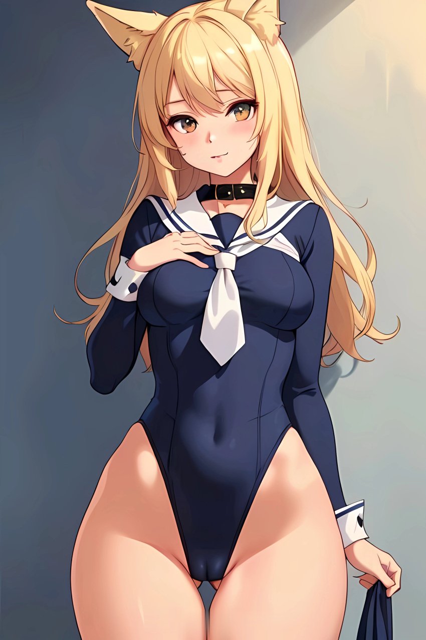 1girls adapted_uniform ass_visible_through_thighs blonde_hair cameltoe cameltoe_leotard choker covered_navel cowboy_shot cuffs fox_ears fox_girl hazel_eyes highleg_leotard holding_breast long_hair navy_uniform sleeved_leotard smiling smiling_at_viewer thigh_gap wide_hips