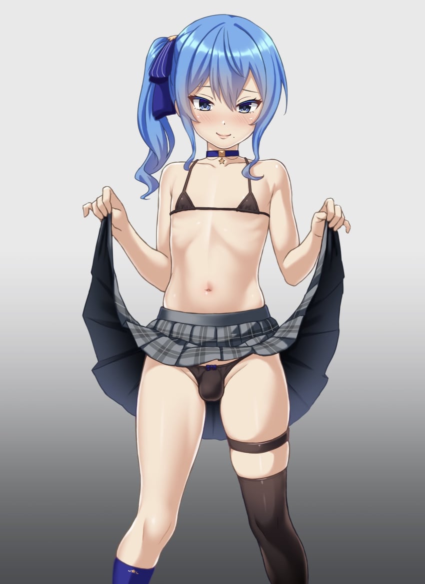 1boy 1femboy belly_button black_panties blue_eyes blue_hair blush chastity_bulge chastity_cage chastity_device choker cosplay crossdressing femboy flat_chastity_cage hi_res hololive hoshimachi_suisei hoshimachi_suisei_(cosplay) light-skinned_male light_skin lingerie looking_at_viewer mole mole_under_mouth navel panties penis_in_panties pleated_skirt ribbon ribbon_panties skirt skirt_lift skirt_lifted_by_self smile solo solo_femboy solo_male thigh_strap virtual_youtuber yadzuka