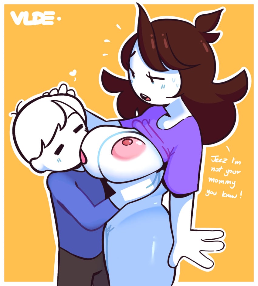 1boy 1boy1girl 1girls bigger_female boobs_out bottomless breasts brown_hair closed_eyes dialogue edalv english english_text female human jaiden jaiden_animations jaiden_dittfach male mob_face nipples older_female pink_nipples shirt_lift shirt_only shirt_up sucking sucking_nipples tagme taller_girl text tongue younger_male youtube youtuber youtuber_girl