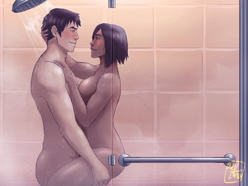 1boy 1girls abs artist_request ass avatar_legends avatar_the_last_airbender bathing bathroom biceps big_ass big_breasts black_hair blush breast_press breasts brown_hair dark-skinned_female embracing interracial korra light-skinned_male looking_at_another mako muscular_female muscular_male romantic short_hair shower shower_sex showering_together smiling standing standing_sex the_legend_of_korra thick_thighs wet wet_body