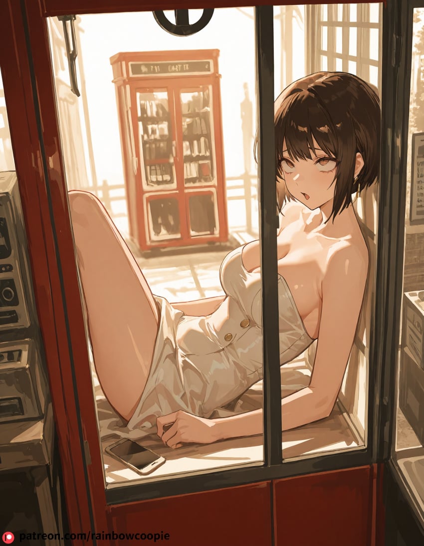 1boy ahe_gao ai_generated beautfiul_background brown_eyes buttons dark_brown fair_skin female mating_press medium_breasts phone_booth sake sharp_features sharp_gaze short_bob_hair slightly_tousled_at_the_ends straight_and_neat stunning_backgroud tall_and_slender tsunemori_akane tumbler wedding_dress white_dress