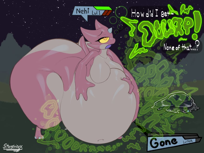 absurd_res after_vore anthro artist_name ass belly big_belly big_butt breasts burping butt_expansion digested digestion digestion_noises expansion fatal_vore female female_pred gameplay_mechanics gui hand_on_belly health_bar hi_res huge_butt kobold multicolored_body nehi_(starstrikex) night orange_eyes overweight pink_body rumbling_stomach scalie size_difference sky smaller_pred star starry_sky starstrikex text thick_thighs thigh_expansion two_tone_body vore weight_gain yellow_sclera