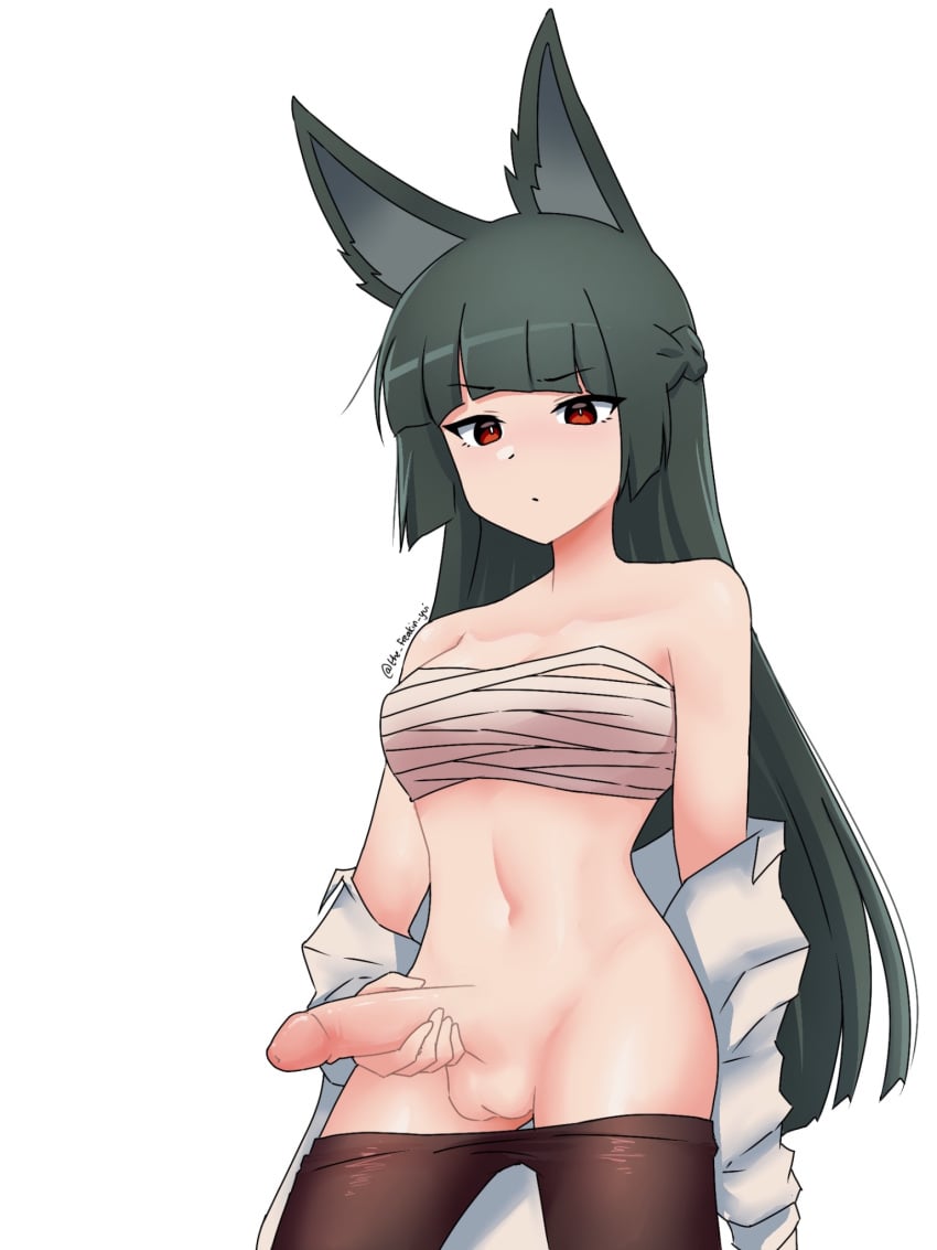 1futa animal_ears artist_signature balls black_hair breasts chest_wraps clothed clothing clothing_aside erection futa_only futanari holding_penis hoshimi_miyabi human humanoid_penis light-skinned_futanari light_skin long_hair mostly_nude penis red_eyes solo solo_futa standing the_freakin'_yui zenless_zone_zero