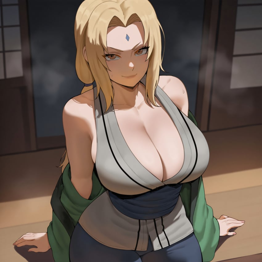 ai_generated blonde_hair brown_eyes cleavage huge_breasts looking_at_viewer medium_hair milf naruto room roxor smile solo steaming_body tsunade wide_hips