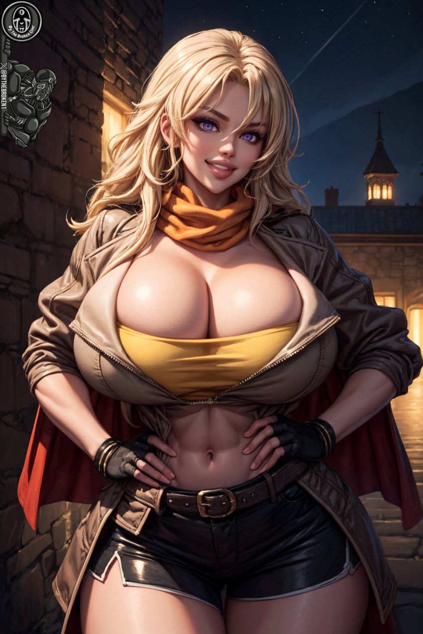 1girls abs ai_generated big_breasts blonde_hair bythebrokenone cape cleavage curvaceous curvy_female female female_only fingerless_gloves hand_on_hip large_breasts light-skinned_female light_skin long_hair looking_at_viewer night purple_eyes rwby scarf short_shorts standing thick thick_thighs voluptuous voluptuous_female wide_hips yang_xiao_long