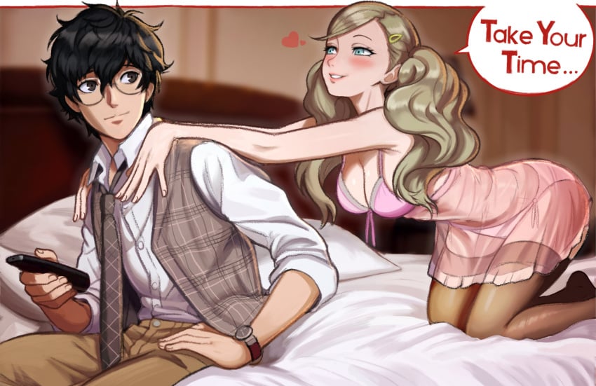 1boy 1girl ai_generated ann_takamaki blonde_hair canon_couple cleavage couple english_text female lingerie long_hair male male/female neggoartz persona persona_5 pink_lingerie ren_amamiya revealing_clothes vest