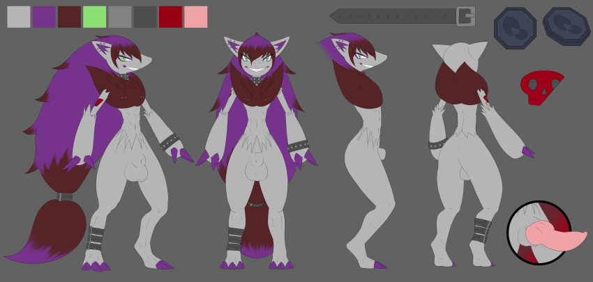 absurd_res animal_genitalia animal_penis anthro balls canine canine_penis claws ear_piercing fox green_eyes hair hi_res knot male mammal model_sheet nintendo nipple_piercing nipples penis piercing pokemon pokemon_(species) purple_hair sheath shiny_pokemon spaca video_games zoroark