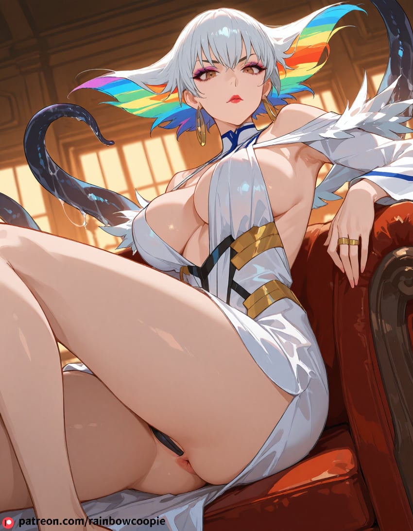 ai_generated anus breasts brown_eyes deep_cleavage dress exposed_shoulders eyeshadow hoop_earrings kill_la_kill kiryuuin_ragyou large_breasts lipstick looking_at_viewer mature_female rainbow_hair silver_hair sitting solo tentacle