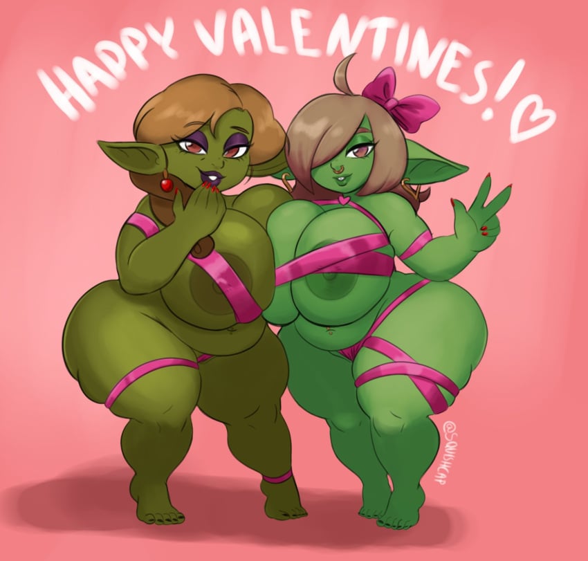 2girls belly_button_piercing big_breasts brown_hair chubby_female eyeshadow goblin goblin_female green_nipples green_skin long_ears mostly_nude painted_nails pointy_ears purple_eyes shortstack squishcap_(artist) thick thick_thighs valentine's_day