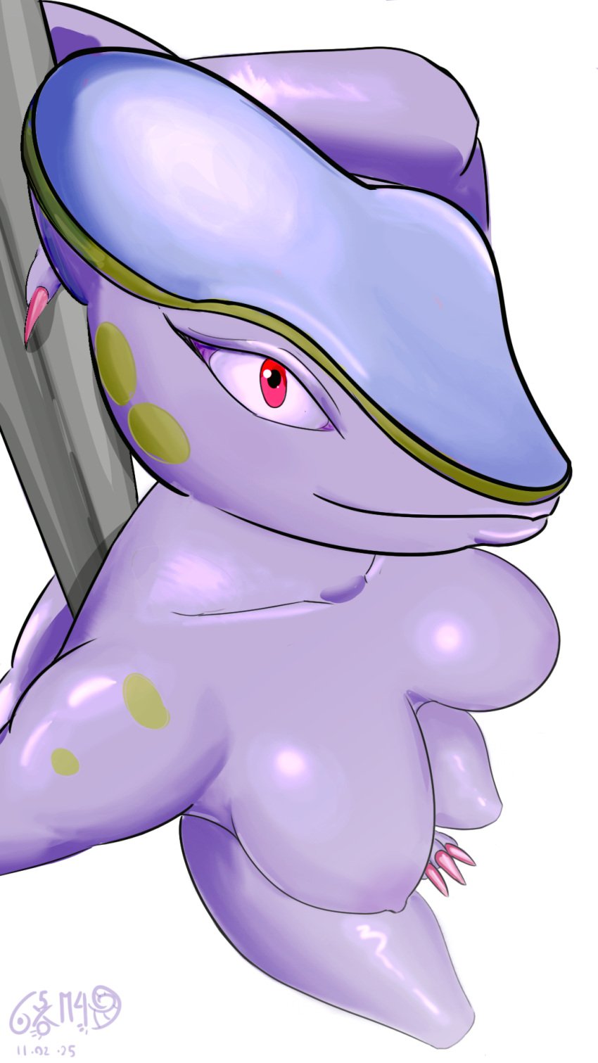 1girls anthro chameleon chameleon_girl chameleon_humanoid cute_face female holding_pole lizard lizard_girl lizard_humanoid nipples no_hair nude original_character pearl(sicsoma) perspective pole posing purple_body purple_skin red_eyes red_nails solo viewed_from_above