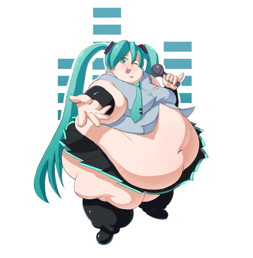 big_belly hand_out hatsune_miku microphone mikuo_hatsune obese obese_female outstretched_arm overhang overhanging_belly overweight skirt sleeves softon ssbbw tagme thighhighs tie twintails