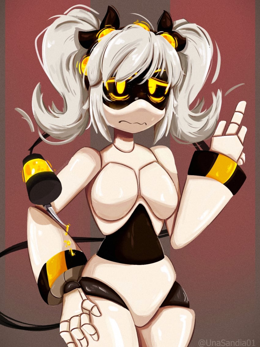 1girls female hairband hand_on_hip j_(murder_drones) long_hair looking_at_viewer murder_drones nude nude_female robot robot_girl robot_humanoid screen_face solo solo_female tail twintails unasandia01 white_body white_hair yellow_eyes