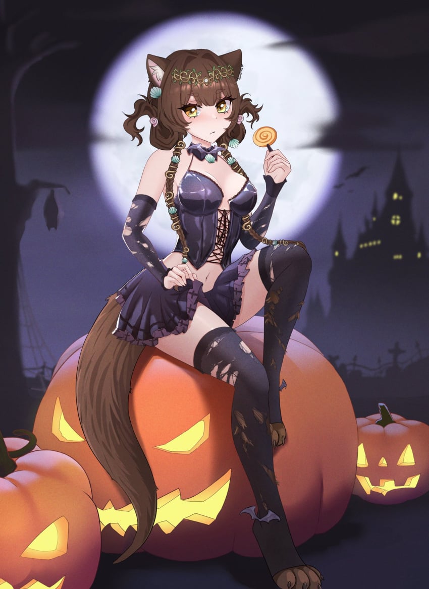 1girls animal_ears belly_button blush breasts brown_hair clothed clothing female female_only food full_moon halloween indie_virtual_youtuber jack-o&#039;-lantern lanterns light-skinned_female light_skin lollipop medium_breasts moon night nose_blush nova_moonfang otter_ears otter_girl otter_tail outdoors skirt solo tail virtual_youtuber yellow_eyes yukaa_(vtuber)