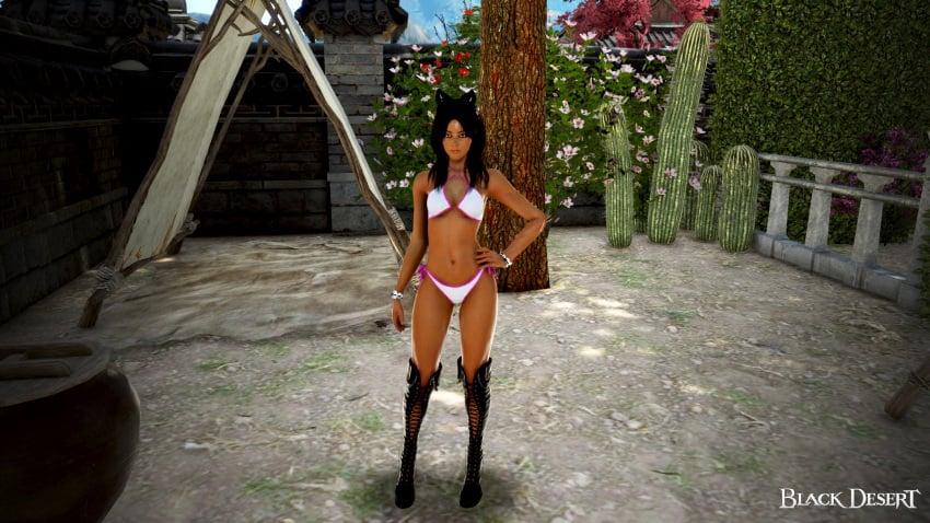 3d arab_female arabian_female bdo beurette bikini black_boots black_desert black_desert_online black_hair boots commentary_request dark-skinned_female exposed game_screenshot irl_character leather_boots white_bikini