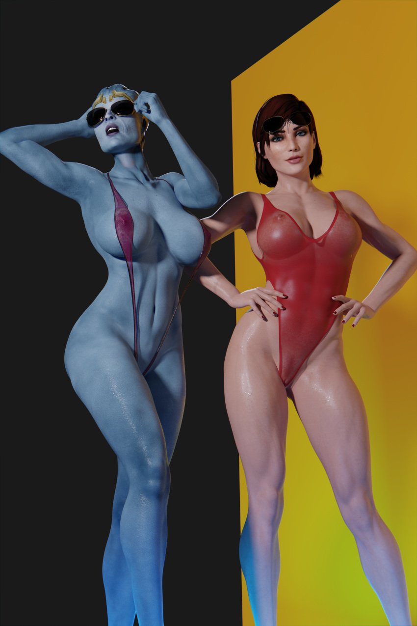 2girls 3d abs alien alien_girl asari athletic athletic_female beach big_breasts blankpins blue_body blue_skin breasts commander_shepard duo female female_only femshep fit_female light_skin light_skinned_female mass_effect normandy one_piece_swimsuit pubic_hair samara scales sci-fi see-through see-through_clothing skimpy_bikini sling_bikini slingshot_swimsuit studio summer sunglasses sunglasses_on_head thong toned toned_female