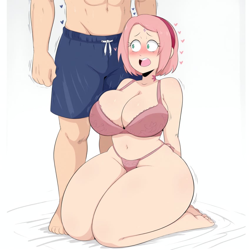 1girls ai_generated barefoot barely_clothed blush boxers curvy curvy_female embarrassed feet female femsub gardener_ai hairband heart heart_symbol highleg highleg_panties highres hourglass_figure illustrious_(stable_diffusion) large_breasts male_underwear maledom midriff motion_lines muscular_male narrow_shoulders naruto naruto_(series) navel offscreen_character on_knees panties pink_hair pink_underwear sakura_haruno seiza short_hair simple_background skimpy skimpy_panties skimpy_underwear stable_diffusion straight string_panties submissive_female thick_thighs thong trembling underwear voluptuous white_background wide_hips