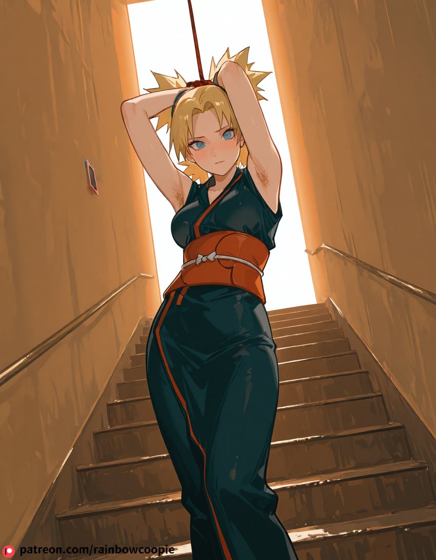 ai_generated beautfiul_background blonde_hair blue_eyes blush bondage drenched_in_rain hairy_armpits medium_breasts nintendo_ds nintendo_switch quad_tails scars stairs standing stunning_backgroud temari_(naruto)