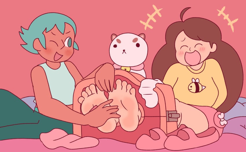 2girls absurd_res barefoot bee_(bee_and_puppycat) bee_and_puppycat cass_wizard_(bee_and_puppycat) cute feet female_focus foot_fetish foot_focus foot_play hi_res igzonen laughing pink_background pink_soles puppycat shoes_removed socks_removed soles stocks tickle_torture tickling tickling_feet toes wholesome