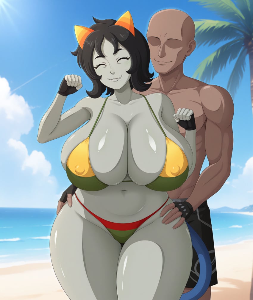 1boy 1girls african_male ai_generated alien alien_girl bald_man beach bikini black_hair catgirl closed_eyes colored_skin curvy curvy_female dark-skinned_male dark_skin faceless_male female flag_bikini gardener_ai grabbing grabbing_from_behind grabbing_hips green_skin grey_skin hetero hips_grab homestuck horns huge_breasts hugging hugging_from_behind illustrious_(stable_diffusion) interracial male midriff ms_paint_adventures multicolored_bikini multicolored_clothing muscular_male narrow_shoulders navel nepeta_leijon outdoors palm_tree pan-african_flag pan-african_flag_bikini pan_african_colors paw_pose plump seaside short_hair skimpy smile stable_diffusion straight swimming_trunks thick_thighs thin_arms thong undersized_clothes voluptuous wide_hips