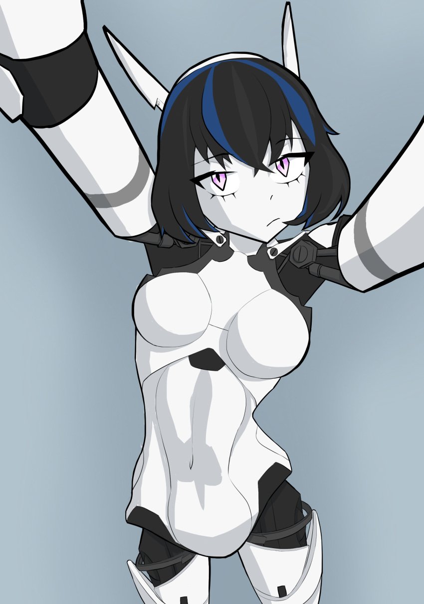 belly black_hair blue_highlights bored bored_expression breasts cobblestun foreshortening multicolored_hair navel ourvirtualtime purple_eyes robot robot_girl self_upload selfie short_hair tummy