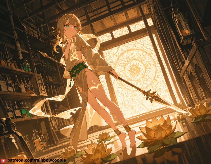 ai_generated barefoot beautfiul_background celestial_nezha fair_skin female_child glowing_markings golden_anklets golden_lotus_hairpins graceful jade_belt laboratory loli long_spear red_lotus_embroidery scowl silk_sash slender small_breasts stunning_backgroud transparent_scarf twisted_jack-o-pose white_and_gold_long_robe