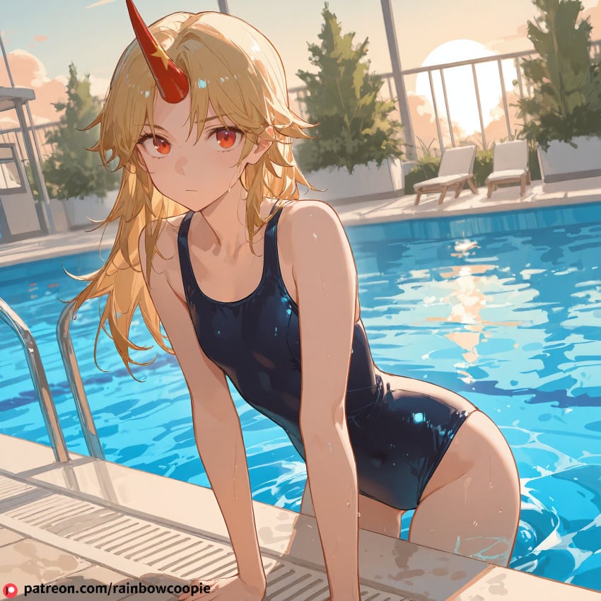 ai_generated beautfiul_background cowgirl_sex fear flat_chest hoshiguma_yuugi one-piece_swimsuit sparse_vegetation stormy stunning_backgroud swimming_pool warm_breeze