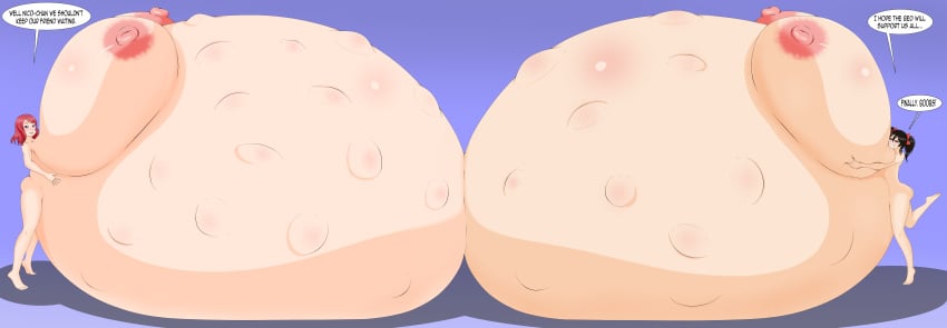 2girls alternate_breast_size areolae belly belly_bigger_than_body belly_on_ground belly_to_belly black_hair bloated_belly blue_background blue_eyes breasts breasts_bigger_than_body breasts_bigger_than_head breasts_bigger_than_torso breasts_on_belly completely_nude completely_nude_female deep_skin dialogue english_text female female_focus fetal_movement gigantic_belly gigantic_breasts hair_ribbon hyper hyper_belly hyper_breasts hyper_pregnancy love_live! nipples nishikino_maki nude nude_female one_leg_up pregnant pregnant_female ready_to_pop red_eyes red_hair ribbon round_belly simple_background speech_bubble standing standing_on_one_leg text thought_bubble timaeus twintails yazawa_nico