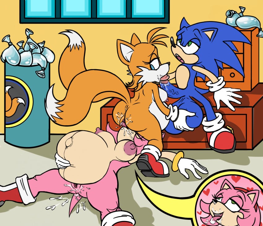 1boy 2girls amy_rose big_balls big_belly big_penis blowjob breasts christopherberry1 cum cum_inside female furry inflation male nipples pleasure_face sex soni sonic_(series) sonic_the_hedgehog sonic_the_hedgehog_(series) tails tailsko threesome