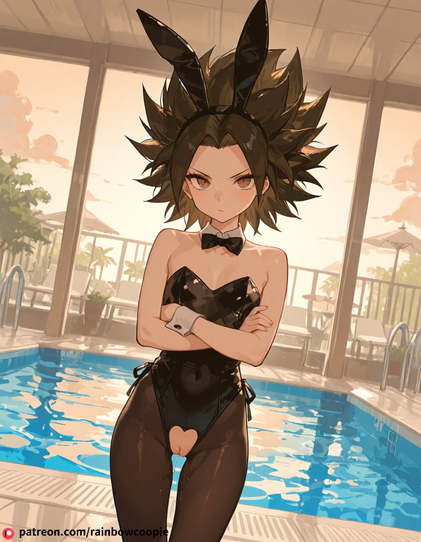 ai_generated beautfiul_background bunnysuit caulifla crossed_arms flat_chest pussy pussy_cutout pussy_juice stunning_backgroud swimming_pool thinking