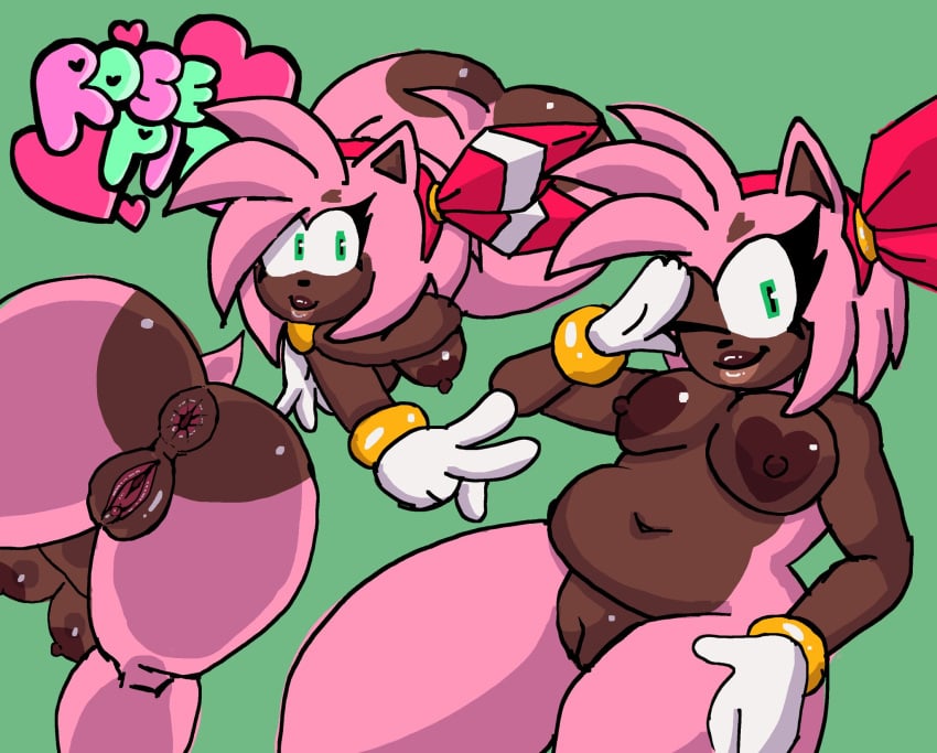 accessory alternate_skin_color amy_rose anthro anus ass big_butt bracelet breasts brown_body brown_skin clitoris clothing eulipotyphlan female genitals gloves green_eyes hair_accessory hairband handwear heart_nipples hedgehog hi_res jewelry mammal mostly_nude nipples one_eye_closed pink_body pussy rosepits sega slightly_chubby slightly_chubby_female solo sonic_(series) sonic_the_hedgehog_(series) tail