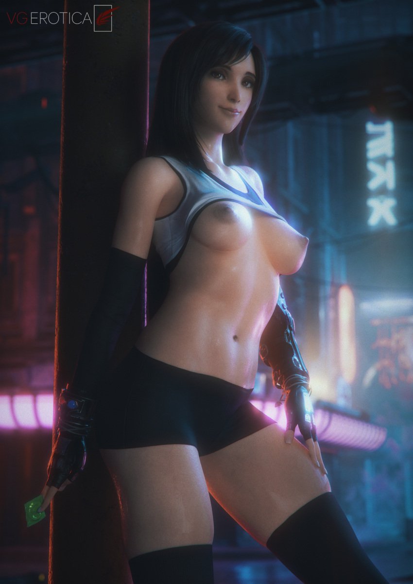 1girls 2025 3d 3d_(artwork) areolae black_hair blender breasts clothed clothing detailed_background female female_focus female_only final_fantasy final_fantasy_vii final_fantasy_vii_remake hi_res highres light-skinned_female light_skin long_hair medium_breasts nipples pose posing presenting presenting_breasts shorts showing_off square_enix tank_top tank_top_lift thick_thighs thigh_highs thighhighs tifa_lockhart vgerotica watermark