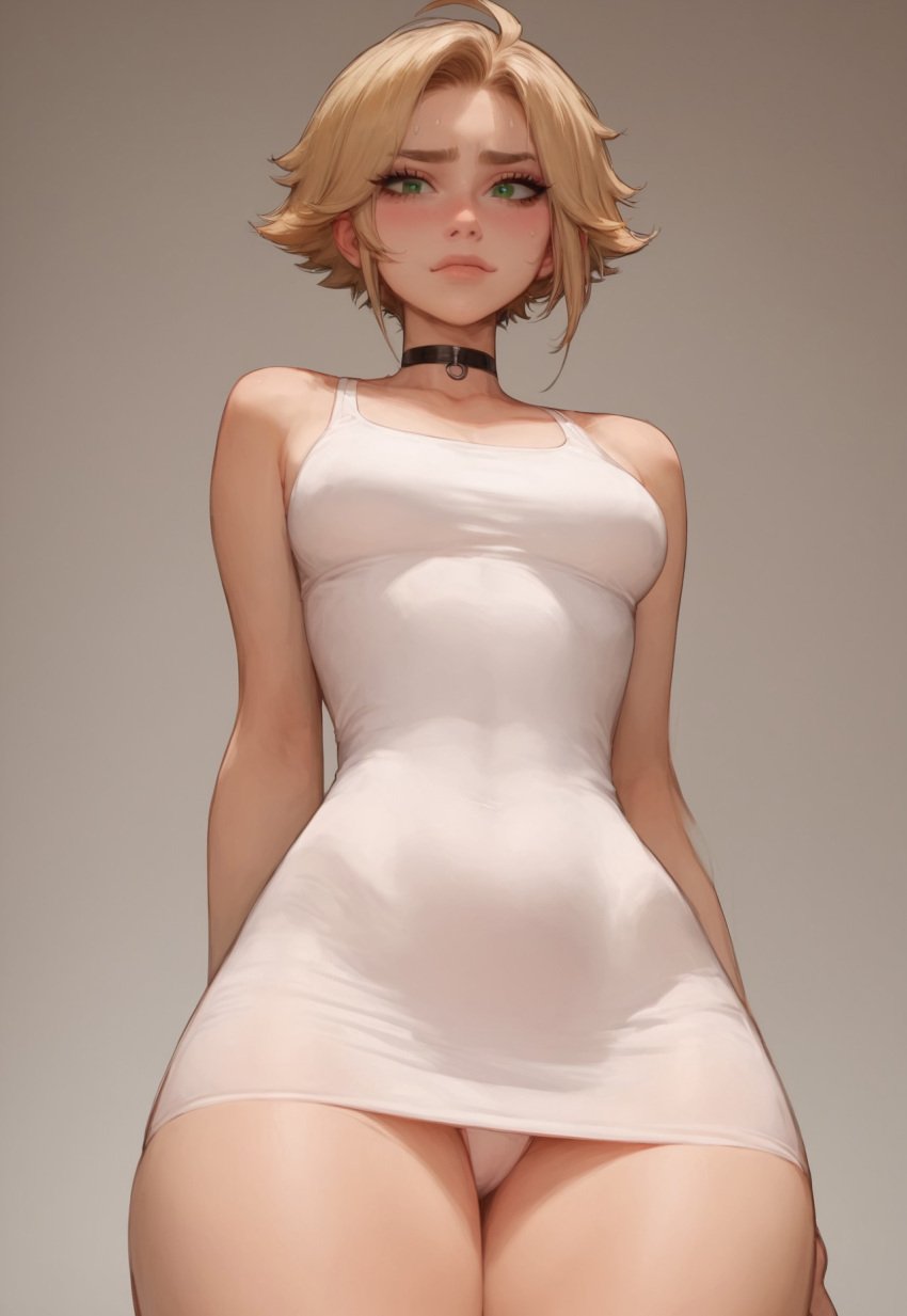 ai_generated blonde_hair choker green_eyes minidress revealing_clothes short_hair skimpy_clothes skintight_clothing small_breasts veve