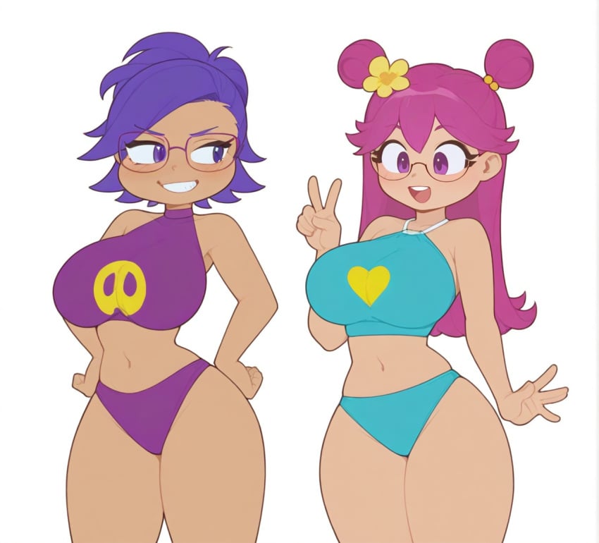 2girls ai_generated alternate_version_available ami_onuki bikini breasts cartoon_network female female_only flower flower_in_hair hand_on_hip hi_hi_puffy_amiyumi standing sunglasses sunglasses_on_head swimsuit taller warner_brothers yumi_yoshimura