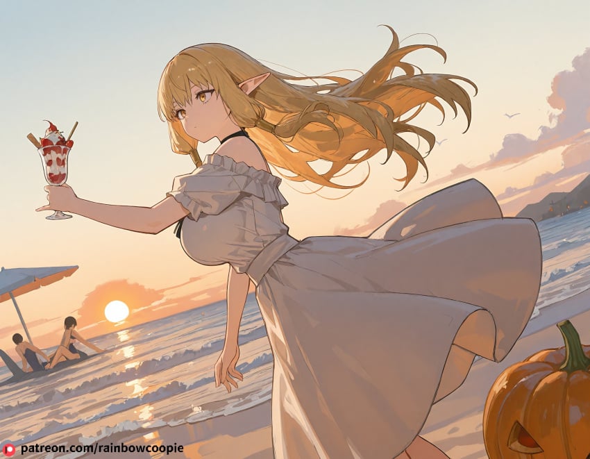 ai_generated asymmetrical_clothes badmood beach beautfiul_background blonde_hair elf hair_tubes huge_breasts jumping long_hair off-shoulder_dress pumpkin rose serie_(sousou_no_frieren) stunning_backgroud sundae yellow_eyes