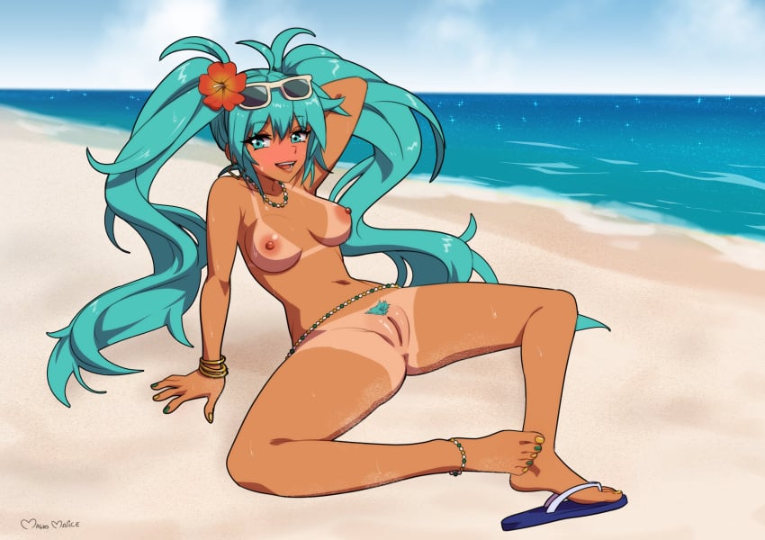 absurdres aqua_eyes aqua_hair arm_behind_head artist_name beach blush brazilian_miku breasts commentary commission completely_nude dark-skinned_female dark_skin denim english_commentary eyewear_on_head female female_pubic_hair full_body hatsune_miku heart highres long_hair maho_malice medium_breasts nipples nude ocean pubic_hair sand signature solo sunglasses tan tanlines topless_female twintails vocaloid water