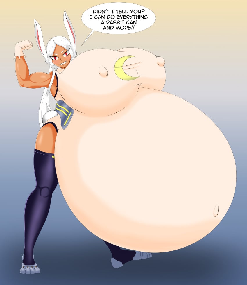 1girls belly belly_bigger_than_body bloated_belly blush boku_no_hero_academia breasts breasts_bigger_than_head clothed clothing english_text female female_focus gigantic_belly gigantic_breasts gloves hyper hyper_belly hyper_pregnancy long_hair looking_at_viewer miruko muscular_female my_hero_academia nipple_bulge pregnant pregnant_female rabbit_ears rabbit_girl rabbit_tail ready_to_pop red_eyes round_belly rumi_usagiyama simple_background speech_bubble standing text timaeus white_hair