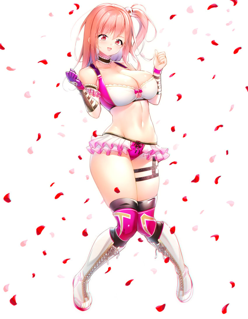 1girls absurd_res alluring bare_shoulders big_breasts boots bow choker collarbone commentary_request cross-laced_footwear dead_or_alive dead_or_alive_6 dead_or_alive_xtreme_venus_vacation frills full_body gloves high_res honoka honoka_(doa) knee_boots lace-up_boots lips long_hair michie_sticker navel open_mouth petals pink_hair ponytail red_eyes shiny_skin short_shorts shorts side_ponytail simple_background single_glove smile standing stockings stomach tecmo thigh_strap thighs white_background wrestling_outfit