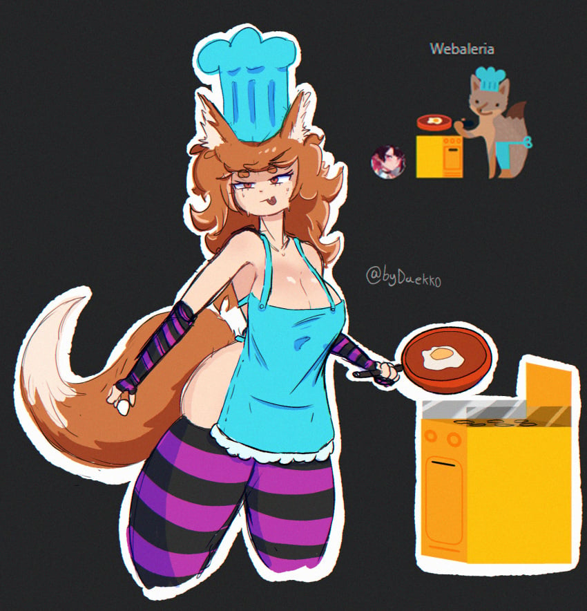 1girls apron big_breasts brown_eyes brown_hair bydaekko chef_hat cooking egg facebook fox_ears fox_girl fox_tail half_naked hat holding_object latina meme rocky_miranda stockings sweating thick thick_thighs webones_de_la_ruta_13 zorra