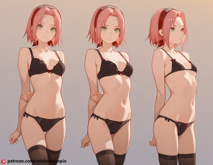 1girls ai_generated angry black_lingerie bra_visible_through_clothes breasts character_sheet female flat_chest forehead_protector green_eyes hair lingerie naruto naruto_(series) naruto_shippuden partial_nude pink_hair sakura_haruno short solo_female thighhighs underboob